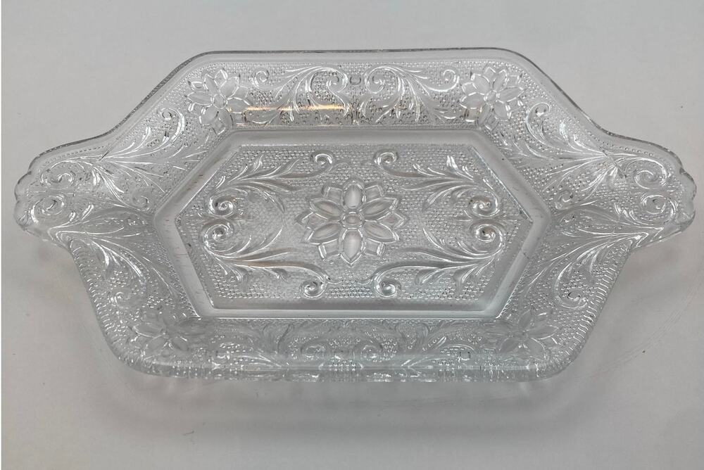 Vintage Indiana Clear Glass Sandwich Floral Pattern Relish Tray with Handles